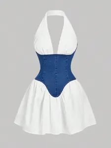 American Style Backless Denim Dress, Zippered Waist Cinching, Flared Hem, Sleeveless Short Dress, Fashionable Spring & Fall, Casual Wear, Womenswear