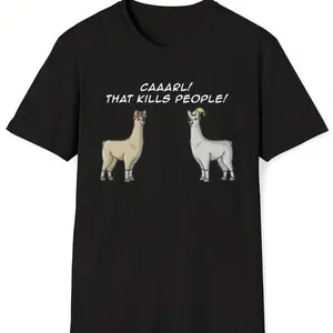 Men's Caaaarl the Llama with Hat Print Cotton T-Shirt, Casual All-Season Crew Neck Tee Ideal Holiday Gift
