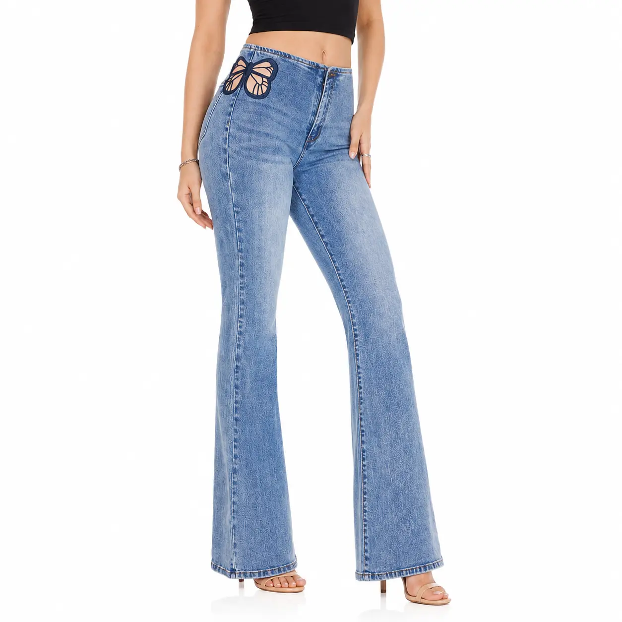 CANANA Women’s High Waisted Butterfly Flare Jeans Stretch Denim Pants with Embroidered Cutout Detail Regular & Plus Size Available