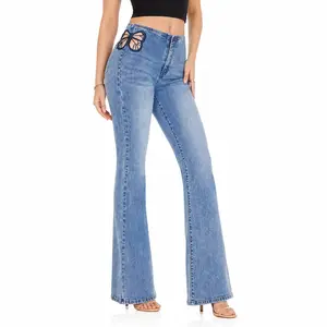 CANANA Women’s High Waisted Butterfly Flare Jeans Stretch Denim Pants with Embroidered Cutout Detail Regular & Plus Size Available