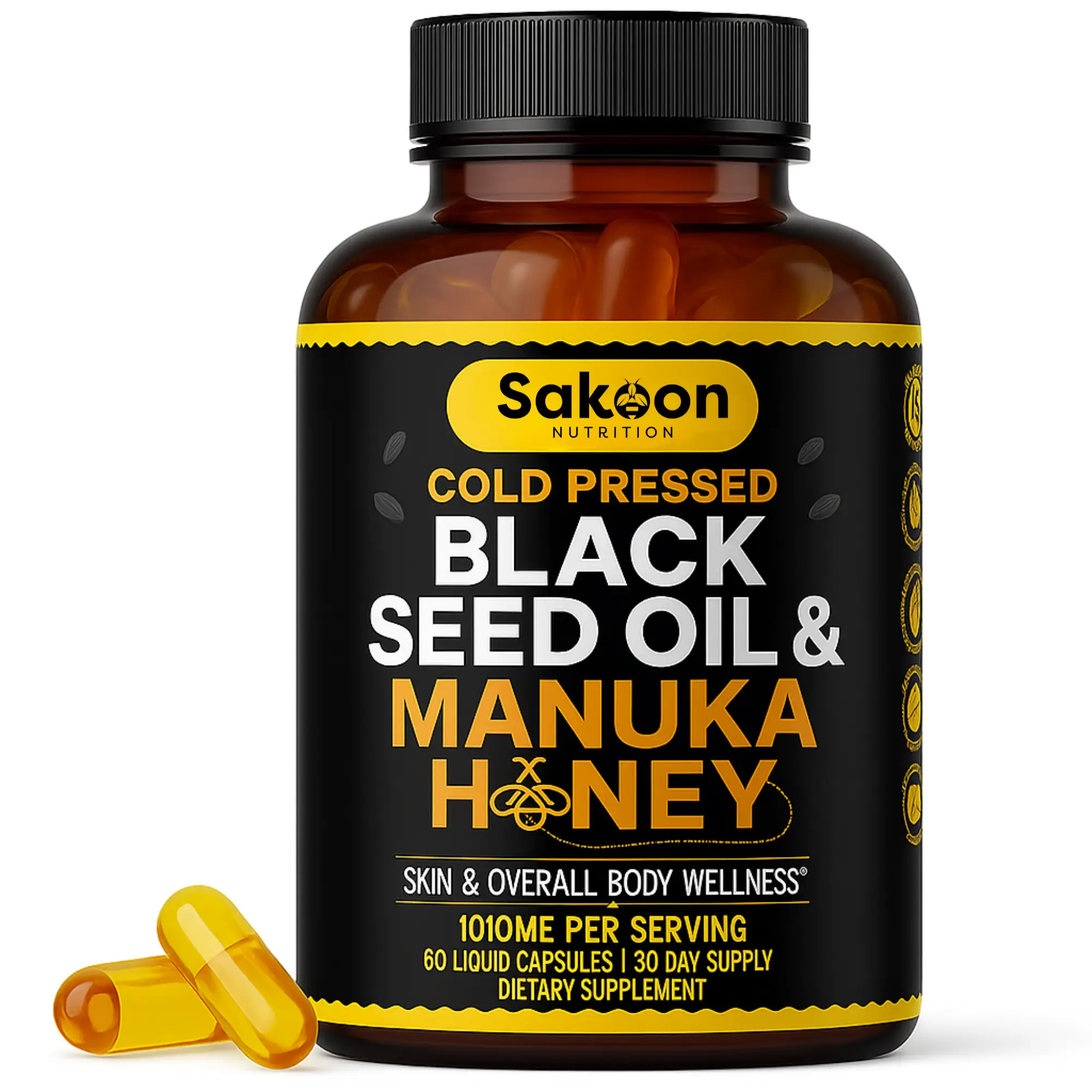 Sakoon Nutrition Black Seed Oil & Manuka Honey Capsules - Antioxidant-Rich Blend - Supplement, Fitness, Healthcare Vitamin Essential Aminos Brain Boos