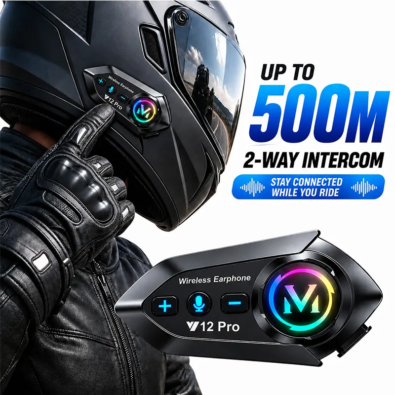 MOKATA Y12 Pro Motorcycle Helmet Bluetooth Headset - 500M 2-Way Intercom System, Bluetooth 6.0, IPX6 Waterproof, 15H Battery, 2.5H Fast Charge, Dual Phone Connection, Music Share, Hands-Free Calls for Motorbike Riding