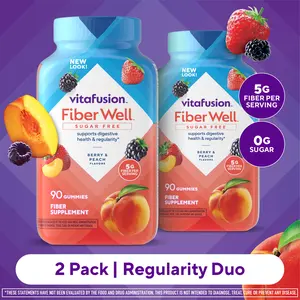2x Vitafusion Fiber Well Sugar Free Gummies - Regularity Duo - 5g - Berry & Peach Flavor Fiber Gummies - Supports Digestive Health & Regularity - 180 Gummies - 2 Pack