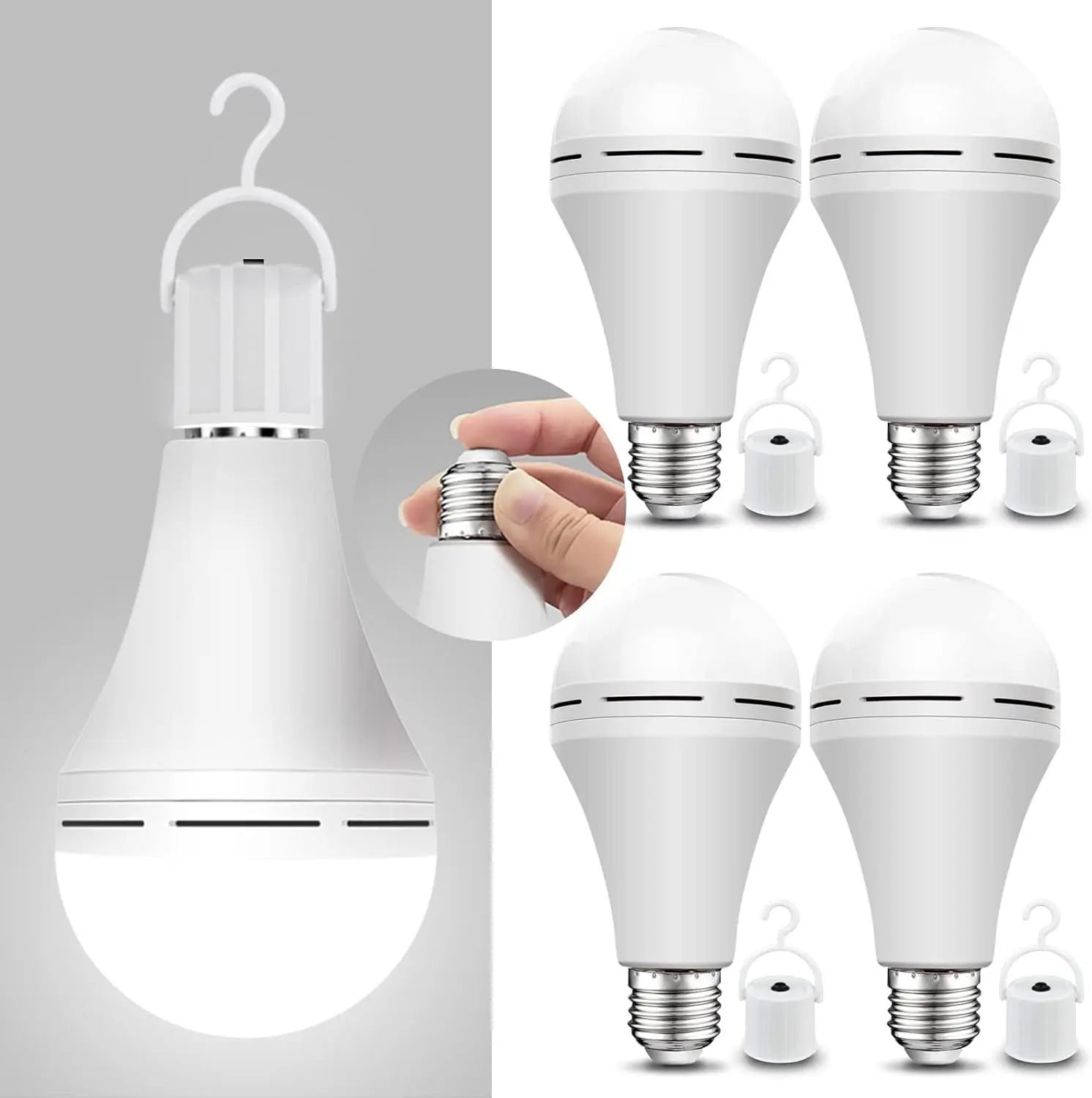 Rechargeable Emergency LED Bulbs 4‑Pack A21, 12W(60W Equivalent) 6000K Daylight, 120V 1200mAh Battery Powered Light Bulb, Portable Camping Lamp for Home Power Outage Emergency Use