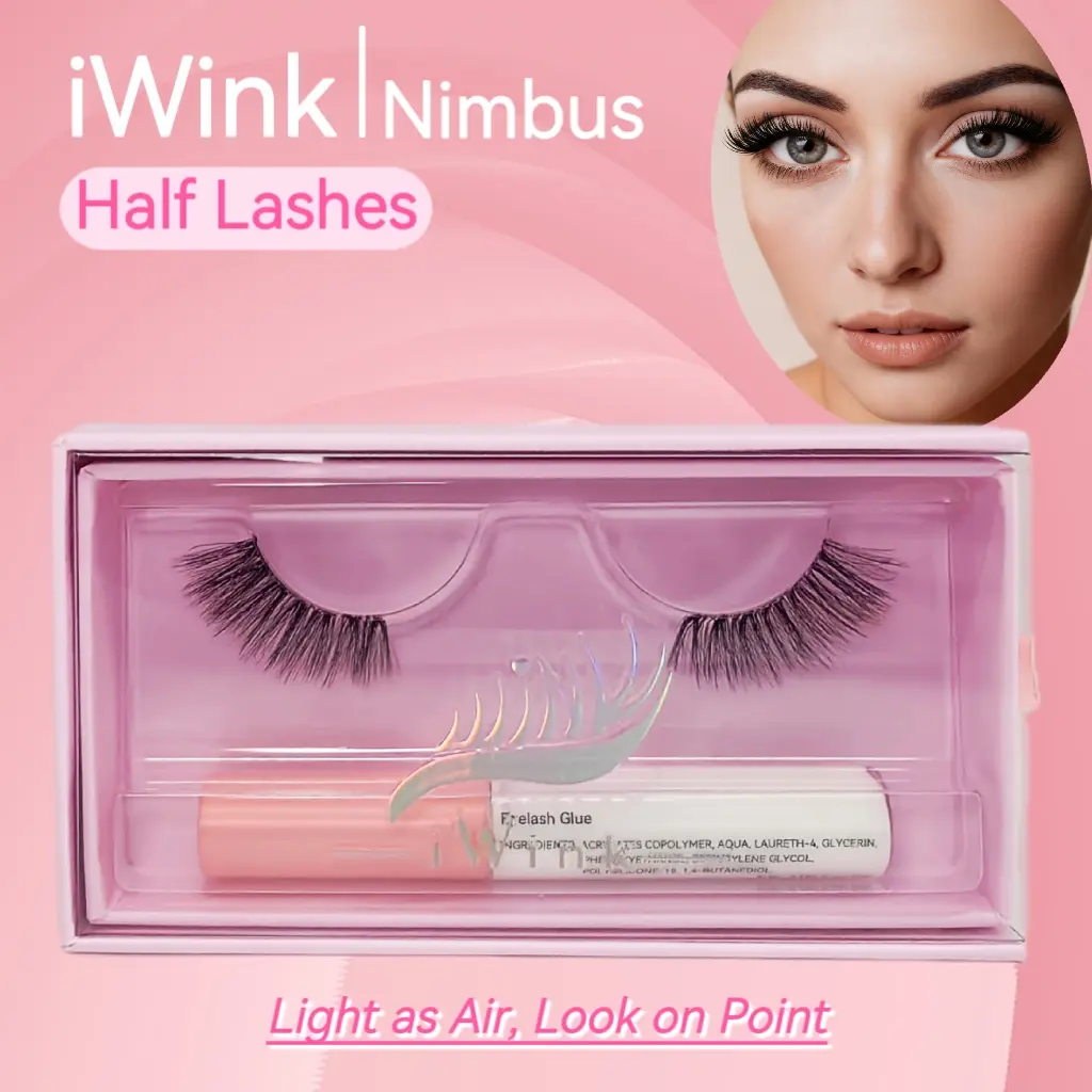 iWink Nimbus  Half False Eyelashes - Nature D Curl 15-17mm Wispy Cat-Eye Half Strips, 0.05mm Ultra-Thin Invisible Band (40% Lighter Than Similar Styles), Premium Faux Lash Extension Dupe, High-Quality Cosmetic Lashes with Free 5mL Eyelash Glue