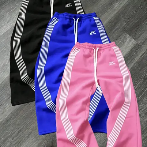 Men's 3-Pack Baggy Curved Wide-Leg Sweatpants - Male Clothing, Streetwear Clothing, Adjustable Drawcord Waist, Multiple White Stripes, Letter Print, for Street Casual & Everyday Wear
