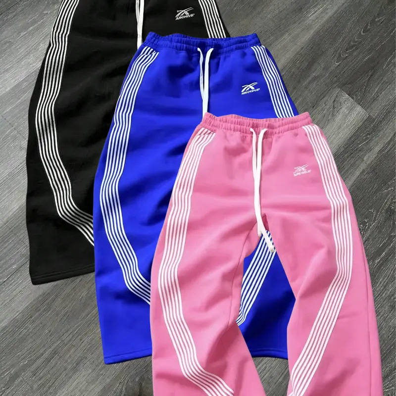 Men's 3-Pack Baggy Curved Wide-Leg Sweatpants - Male Clothing, Streetwear Clothing, Adjustable Drawcord Waist, Multiple White Stripes, Letter Print, for Street Casual & Everyday Wear
