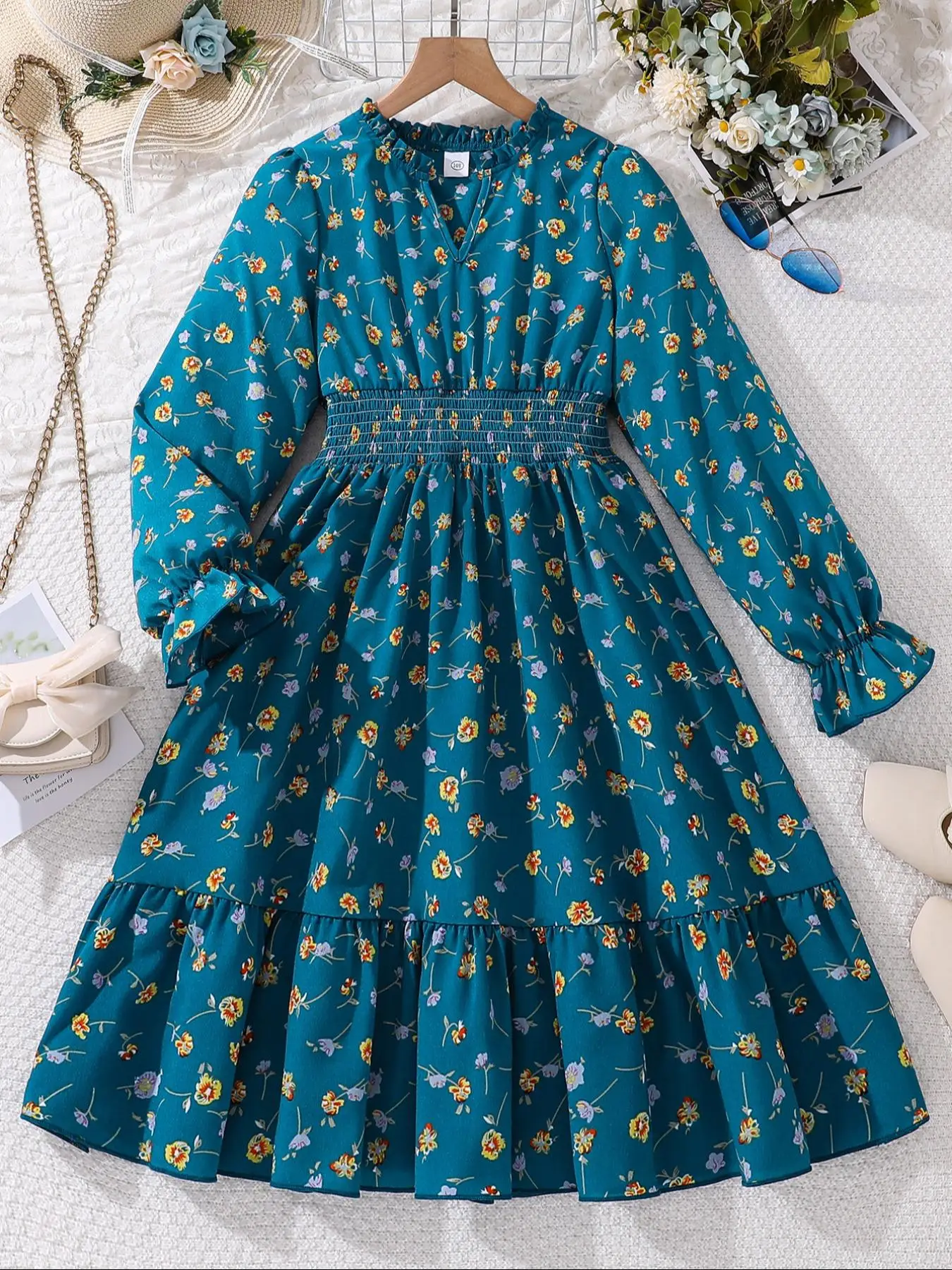 Girl's Floral Print Belted Ruffle Trim Dress, Elegant Long Sleeve A Line Dress for Party Holiday Wedding Guest, Kids Clothes for Fall & Winter