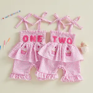 Canrulo First 2nd Birthday Outfit Girl Smocked One Two Birthday Gingham Romper Toddler 1 2 Year Old Outfits for Girls