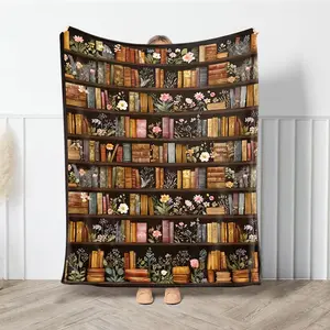 Vintage Bookshelf and Library Pattern Blanket, Pastoral Style Book and Wildflower Blanket, Gift for Book Lovers, Floral Bookworm Gift, Cozy Nap Blanket, Christmas Gift.