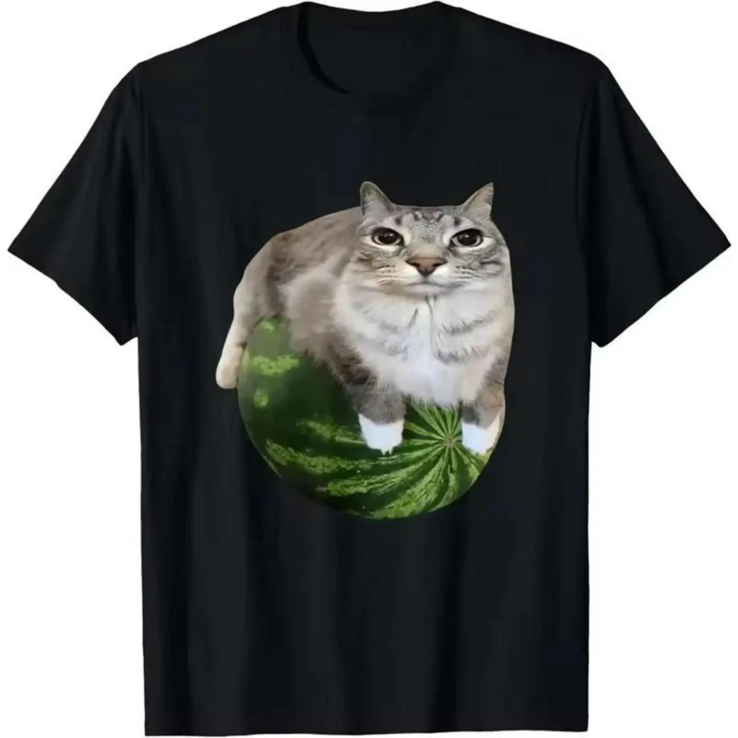 Graphic T-Shirt for Men with Watermelon Cat Meme, Casual Streetwear for Sports, Shortsleeve Fitted Crew Neck, Normal Type