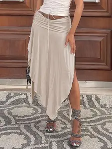 Vacation Casual Ruched Split Irregular Design Low Waist Long Skirt, New Solid Color Drapey Half Skirt, Women's Fashion Dress