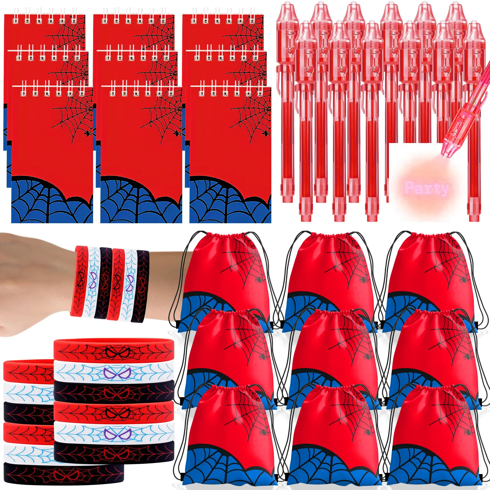 Spider Party Favors, Spider Theme Birthday Party, Include Drawstring Bags Notebook Silicone Bracelet Highlighter, Goodie Bag Stuffers