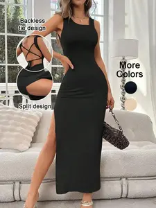 Women's Sexy Backless Knit Statement Dress, Plain Fitted Design, All-Season Wear, Perfect for Casual & Stylish