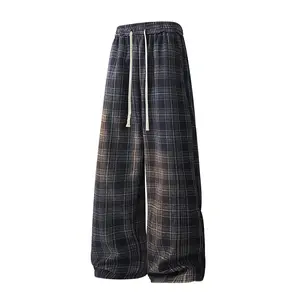Spring and autumn men's plaid trousers casual trousers plaid trousers, men's new personalized fashion trend loose casual trousers, wide-leg trousers, drawstring waist, trendy brand plaid couple straight casual trousers, soft and comfortable fabric, suitab