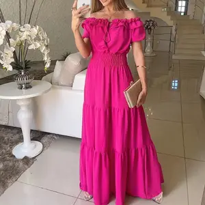 Women's Off Shoulder Short Sleeve Ruffle Hem Tie Up Dress Casual Elastic Waist Flare Maxi Long Dresses