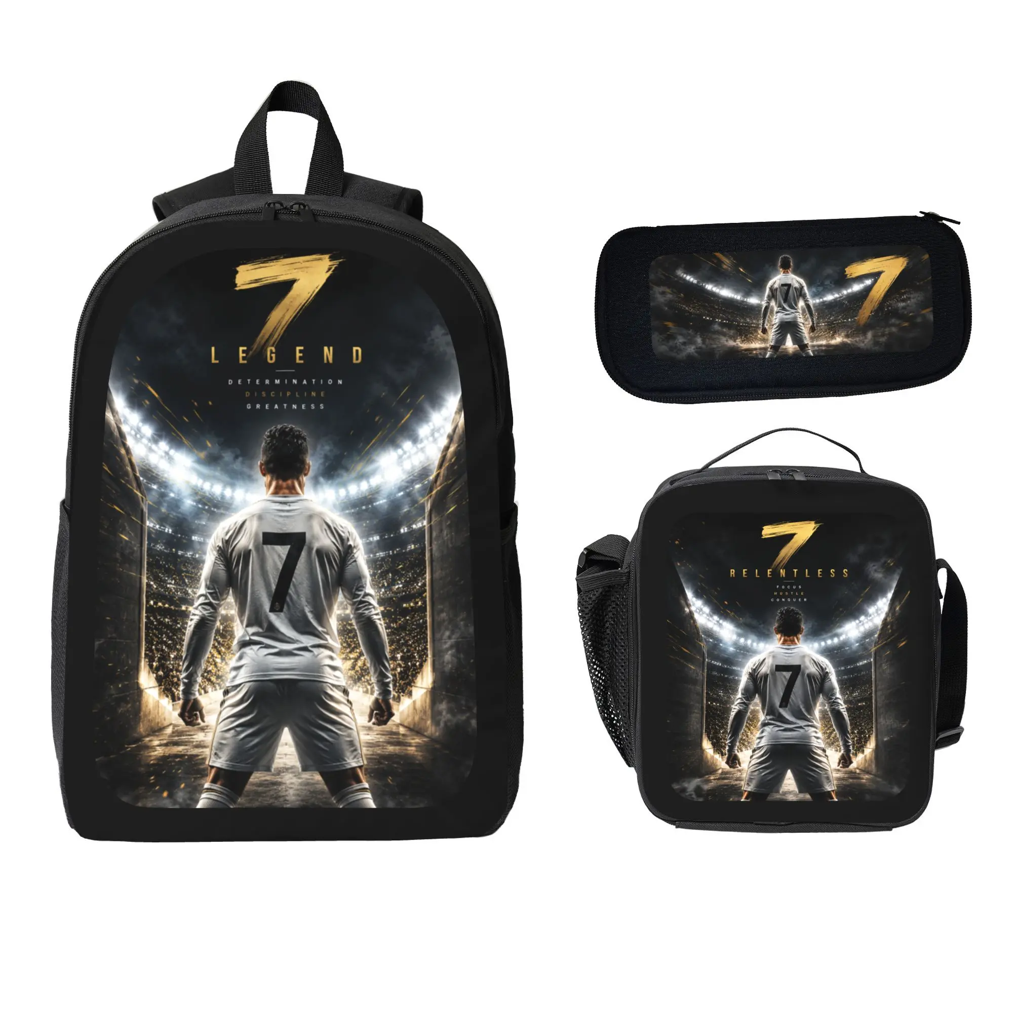 3-Piece Soccer Backpack Set for Boys, Kids and Teens, Number 7 Sports School Bag with Insulated Lunch Shoulder Bag and Pencil Case, Lightweight Travel Daypack with Breathable Straps, Side Pockets and Large Capacity