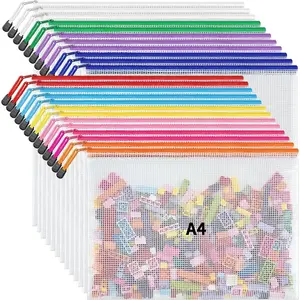 A4 Letter Size 24 Pack 10 Colors Zipper Mesh Document Pouch, Waterproof Mesh Bags for Board Games Puzzles, Waterproof Zipper Pouches for Office School Supplies, Toys, Cosmetics Travel Storage