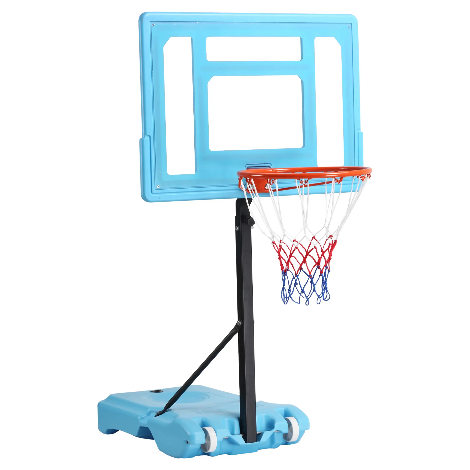 Portable Poolside Basketball Hoop Stand, 36.5"-48.5" 4-Level Height Adjustable System with Shatterproof Clear Plastic Backboard, Fillable Water/Sand Base, Transport Wheels, Powder-Coated Steel Frame for Family Pool Games, Shatterproof Backboard
