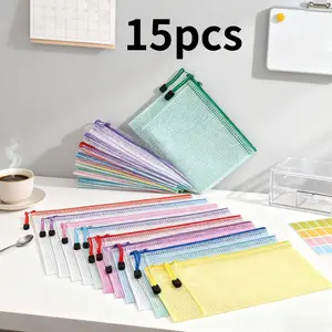 15 Pcs Mesh Zippered Document Bags Transparent Grid Data File Bag Colourful Plastic Document Bag Beauty & Personal Care