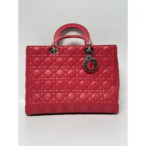 Pre-owned Dior leather Top Handle Bag Christian Large Lady Cannage Lambskin Red Silver Hardware HB005CD