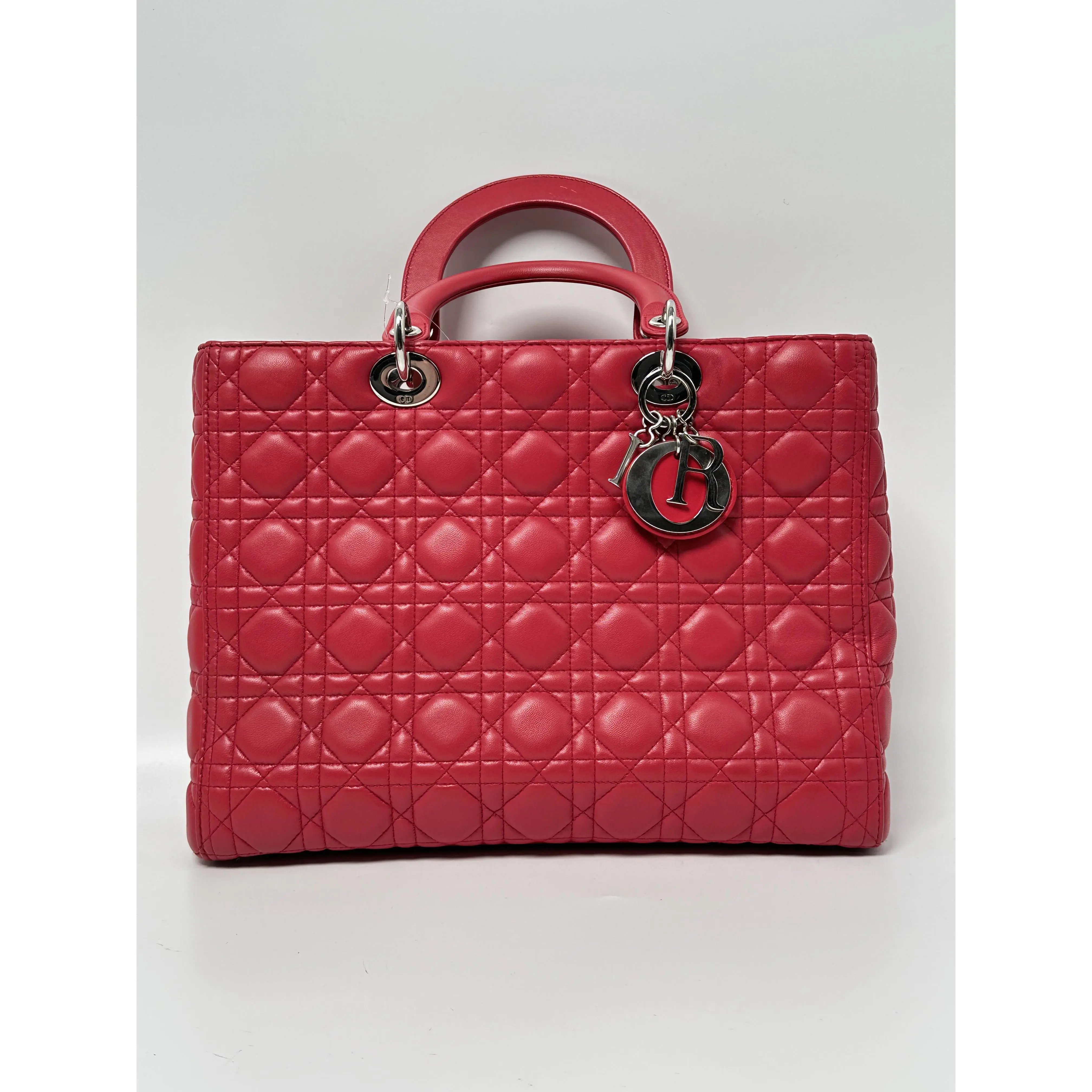 Pre-owned Dior leather Top Handle Bag Christian Large Lady Cannage Lambskin Red Silver Hardware HB005CD
