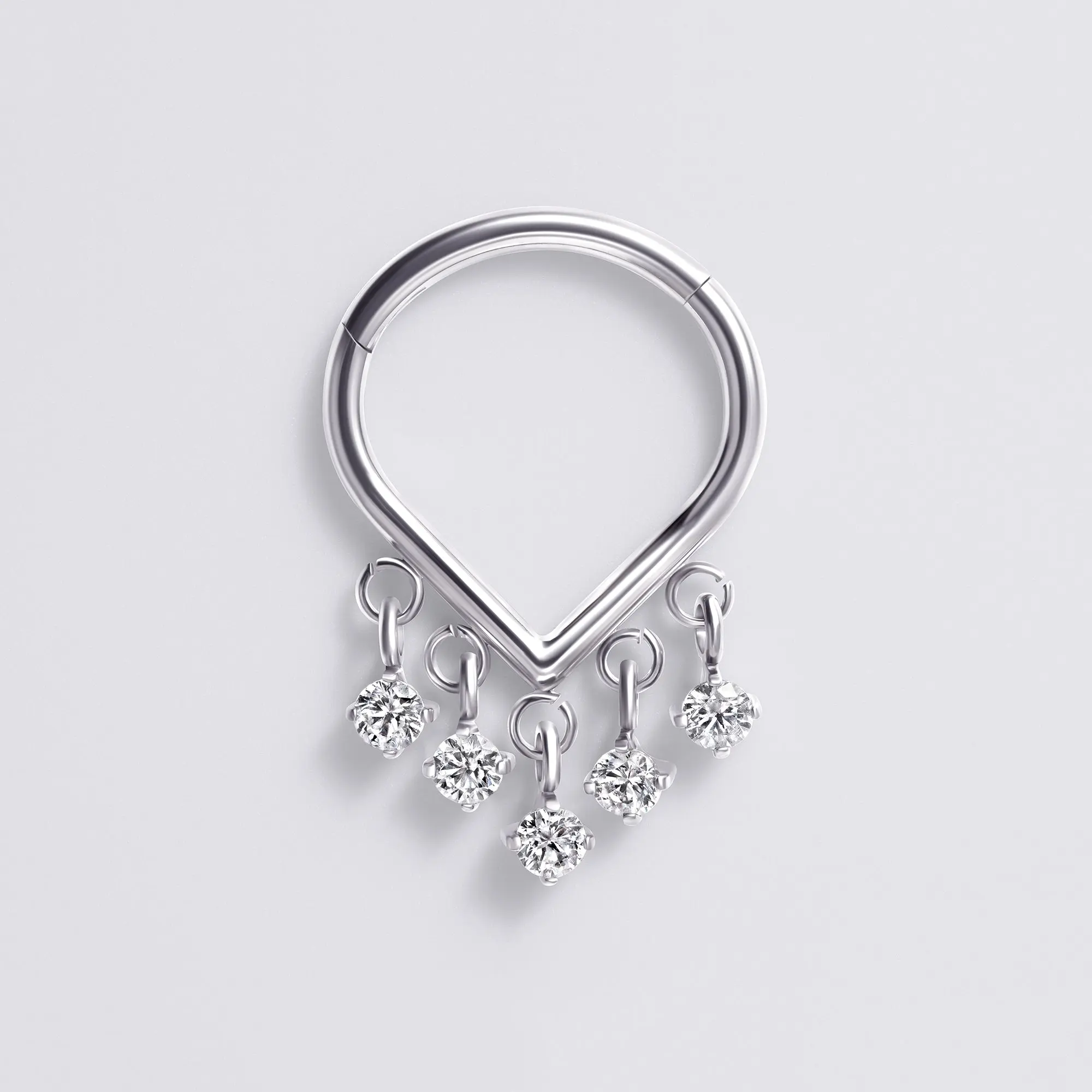 16G Silver Implant-Grade Titanium V-Shape Hinged Clicker Septum Ring, 5 Dangle Teardrop Gems, Nickel-Free Body Jewelry Crafted from Lightweight Titanium, 8Mm/10Mm Sizes for Everyday Wear