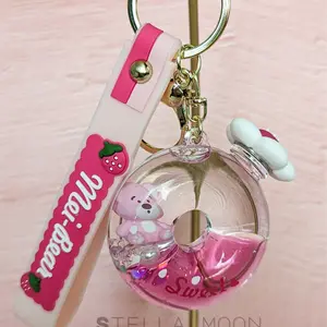 Spinning Flower Liquid Keychain, Cute Sweet Strawberry Bag Charm, Kawaii Pink Bear Fidget Anxiety Toy, Fruit Pearl Key Chain Ring Accessory cute keychain