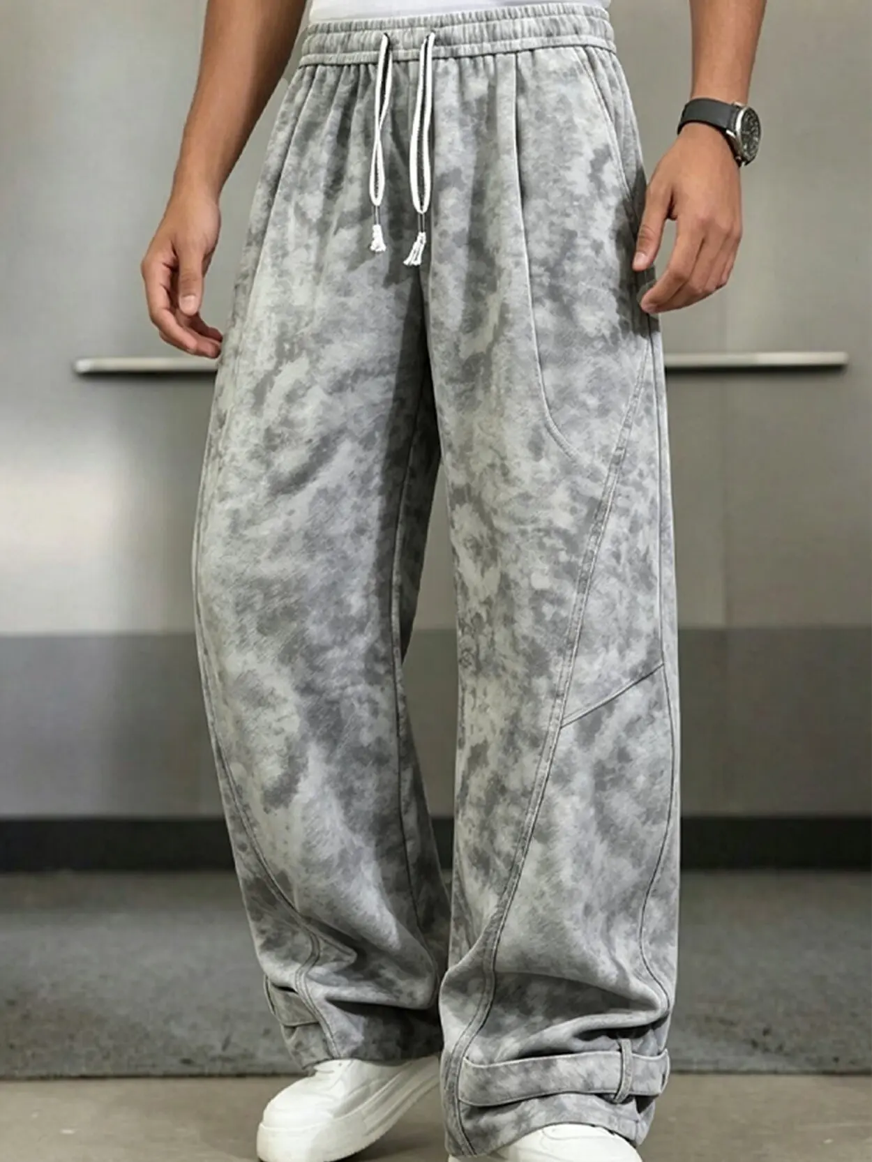 Cargo Pants for Men, Retro Tie Dye Patchwork Polyester, Baggy Streetwear Vibe with Adjustable Cuffs, Tapered, Woven