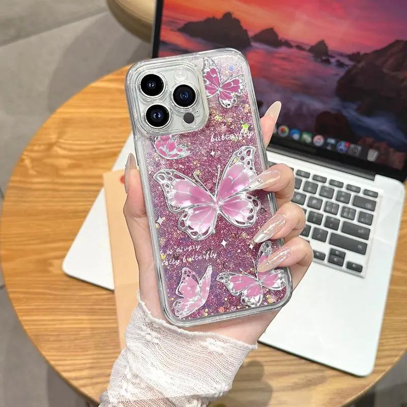 Suitable for [iPhone 14 Pro] Viral Chrome Hollow Butterfly Liquid Quicksand Glitter Phone Case, Soft Shockproof TPU Aesthetic Girly Cover, 3 Sparkle Color Options -JS996