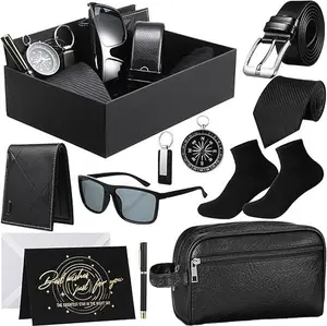 12 Pcs Men Father's Day Birthdays Appreciation Gift Set with Box for Men Dad Basket PU Leather Wallet Leather Toiletry Bag Tie Socks Belt Keychain Sunglasses Pen Compass Set