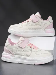Spring Autumn Leather Skate Shoes, Lightweight Breathable Textile, Colorblock Cute Design, Adjustable Velcro, Casual Running Sneakers