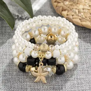 Boho Layered Bracelet Set for Women, Pearl Beaded Bracelet with Gold Starfish Charm, Handmade Beach Style Bohemian Jewelry, Adjustable Summer Bracelet