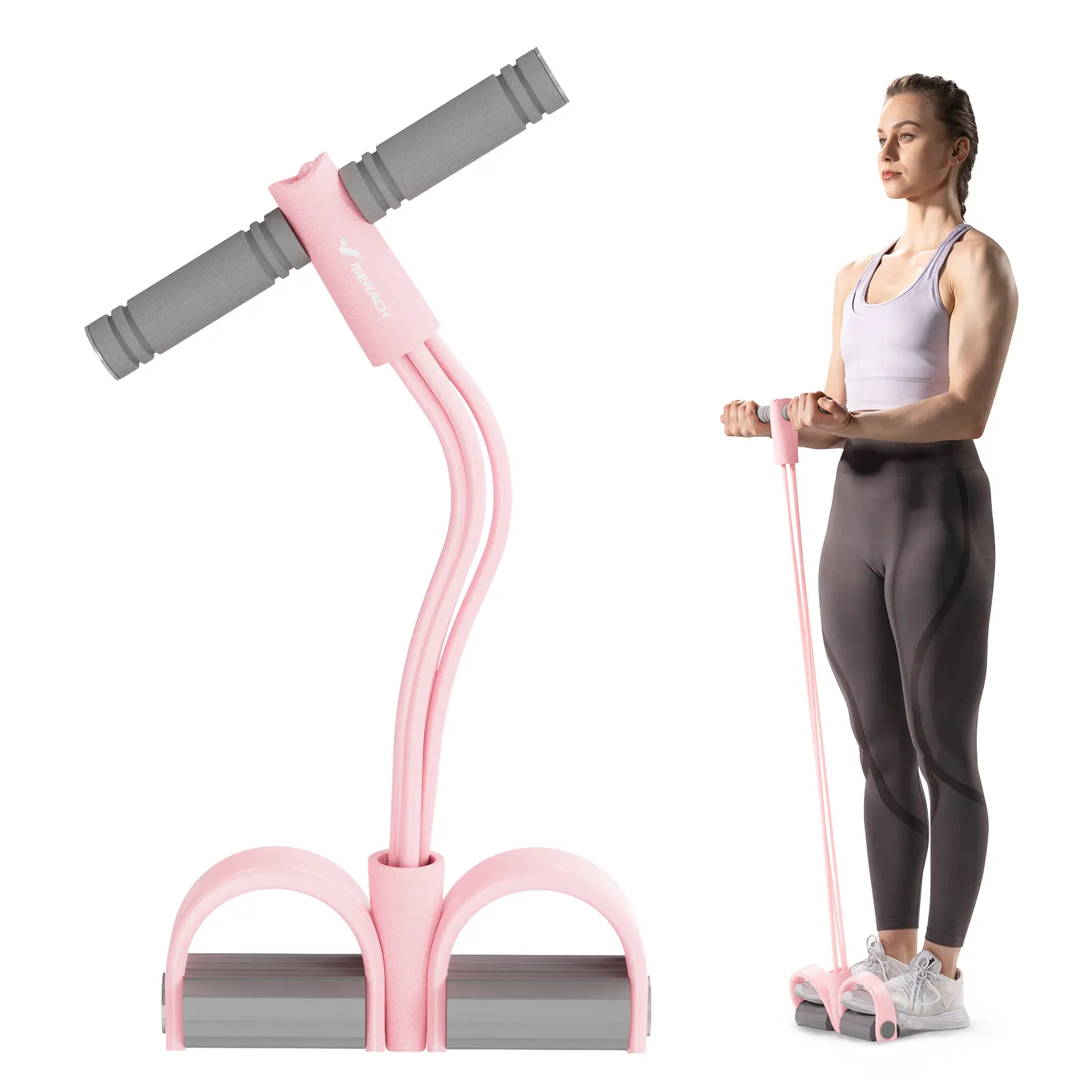 Woman performing standing exercise with pink pedal resistance band