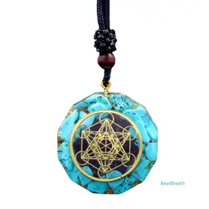BeadBreath Turquoise Orgonite Pendant Necklace, Geometric Crystal Chakra Jewelry, Spiritual Aesthetic Necklace, Unisex Good Vibes Pendant with Adjustable Cord