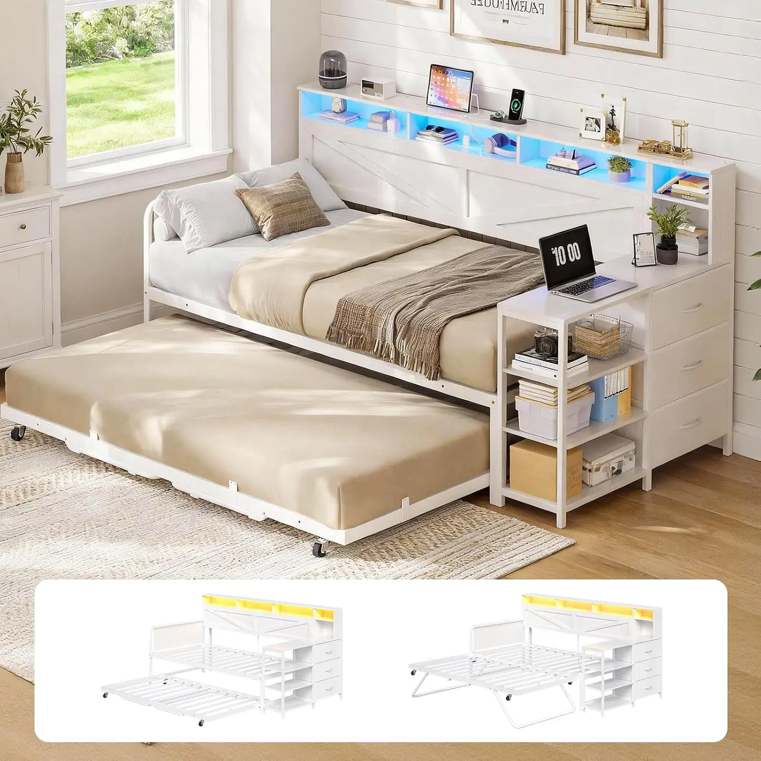 AOGLLATI Daybed with Pop Up Trundle, Farmhouse Day Bed with 3 Storage Drawers and Charging Station, Twin to King Daybed Frame with Shelves and LED Lights for Bedroom