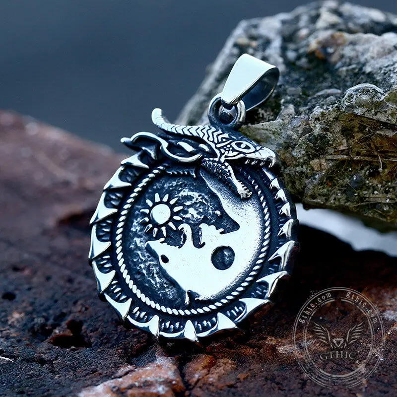 GTHIC Ouroboros Skoll and Hati Wolf Stainless Steel Pendant Necklace, Nordic Charm Symbolic Jewelry, Stylish Gift Trendy Pendant for Daily Wear