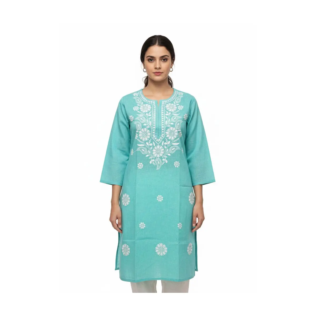 #LKH-16 Elegant Aqua Cotton Kurta with White Chikankari Embroidery