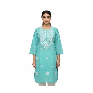 #LKH-16 Elegant Aqua Cotton Kurta with White Chikankari Embroidery