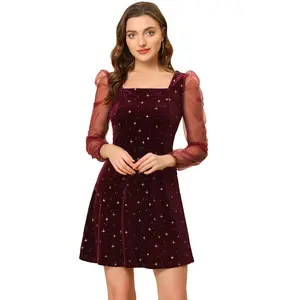 INSPIRE CHIC Women's Mesh Sheer Puff Long Sleeve Square Neck Glitter Star Mini Velvet Dress Red X-Small
