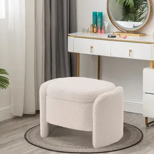 Storage Bench with Lamb Fleece Fabric, Upholstered Ottoman with Small Hidden Storage for Bedroom, Living Room, Entryway, No Assembly Required,  Ivory