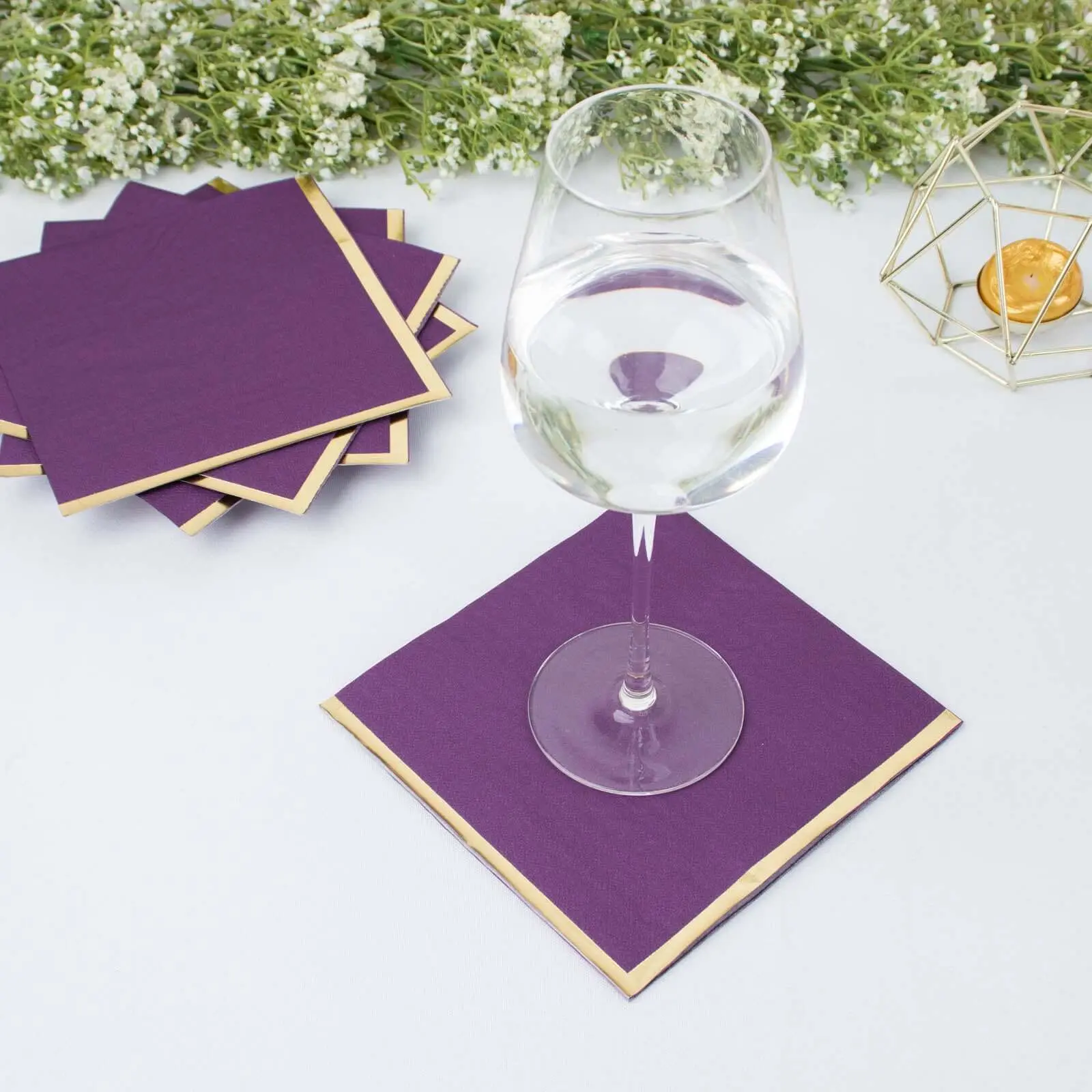 50-Pack 2-Ply Purple Paper Beverage Napkins with Gold Foil Edge, 6.5"x6.5" Soft Disposable Cocktail Napkins, Paper Napkins