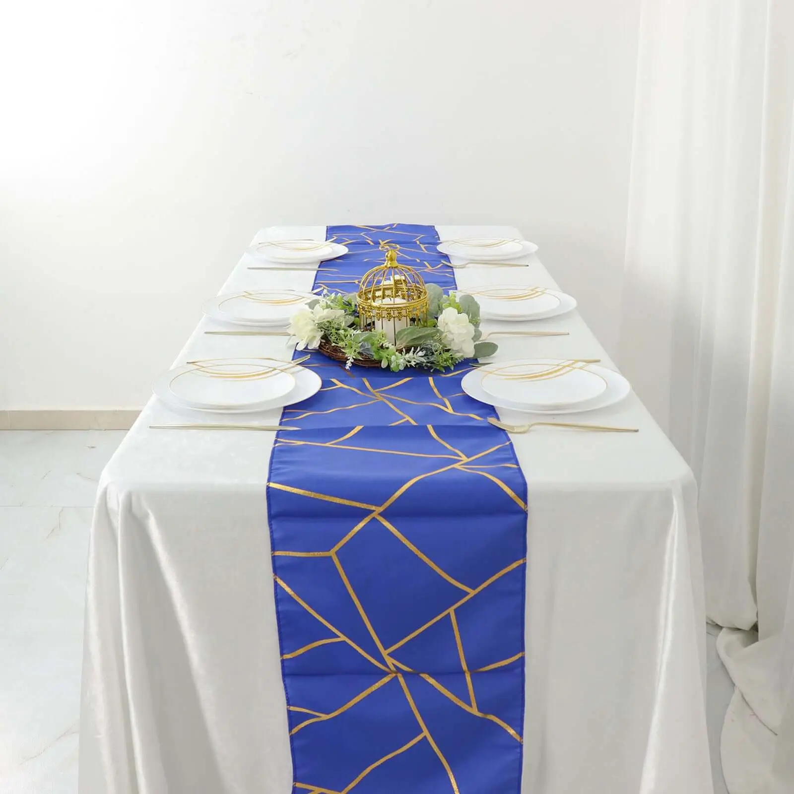 Polyester Table Runner, 9ft Royal Blue with Gold Foil Geometric Pattern, Ideal for Wedding Decor