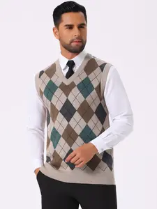 INSPIRE CHIC Men's Casual Knit Sleeveless V-Neck Plaid Argyle Sweater Vest