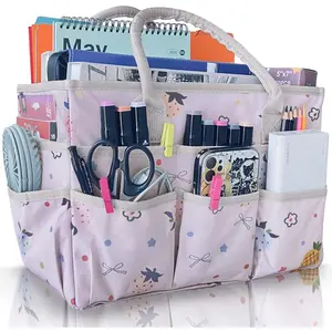 Art Organizer Craft Storage Tote Bag with Pockets and Handles, Oxford Fabric Carrying Caddy for Teacher, Officer, Artist, Traveler, and more-Pink Fruit