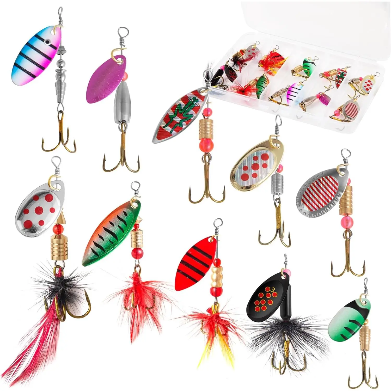 10 count Rooster Tail Fishing Lures with Tackle Box, Spinner  with Flash Copper  & Spoon, Freshwater and Saltwater  for Bass Crappie Walleye Trout, Swimming or Jigging