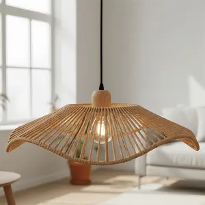 Vintage Rustic Handwoven Rattan Lampshade, Boho Style Ruffled Ceiling Lamp Shade, Artisanal Decorative Cover for Indoor Living Space (Bulb Not Included)