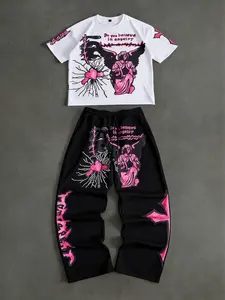 "Do you believe in angels?" Print Black & Pink Soft Cotton Graphic T-Shirt & Pants Set Fitted, Cozy Lounge Wear Fit for Daily, Everyday Home Hangouts & Casual Outings, Edgy Dark Sweet Aesthetic Outfit, Comfortable for Relaxing at Home, Stylish Fashion