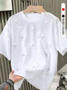 Men's Rhinestone Round Neck T-Shirt, Vintage American Street Style, Casual Daily Wear, Comfortable Fit, All Seasons