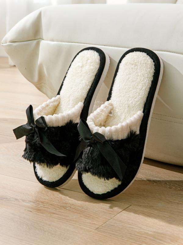 Women's Winter Bowknot Indoor Slippers, Warm Home Use, Living Room Bedroom Shoes, Fashionable Soft Plush Open Toe, Couple Style